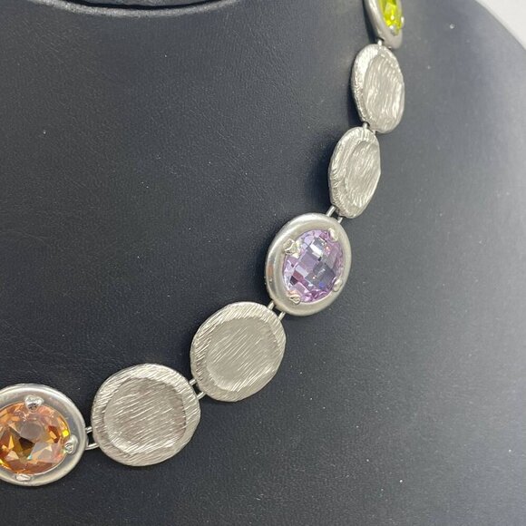 Textured Multicolor Crystal Link Bib Necklace Silver Tone Hippie Bohemian Boho - Picture 6 of 7